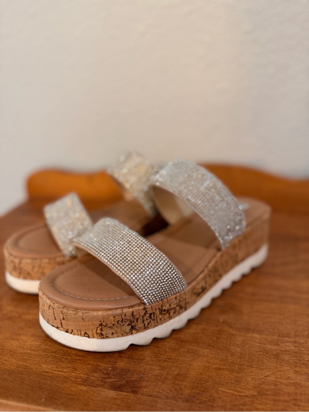Steve Madden Silver Rhinestone Cork Platform Slide Sandals